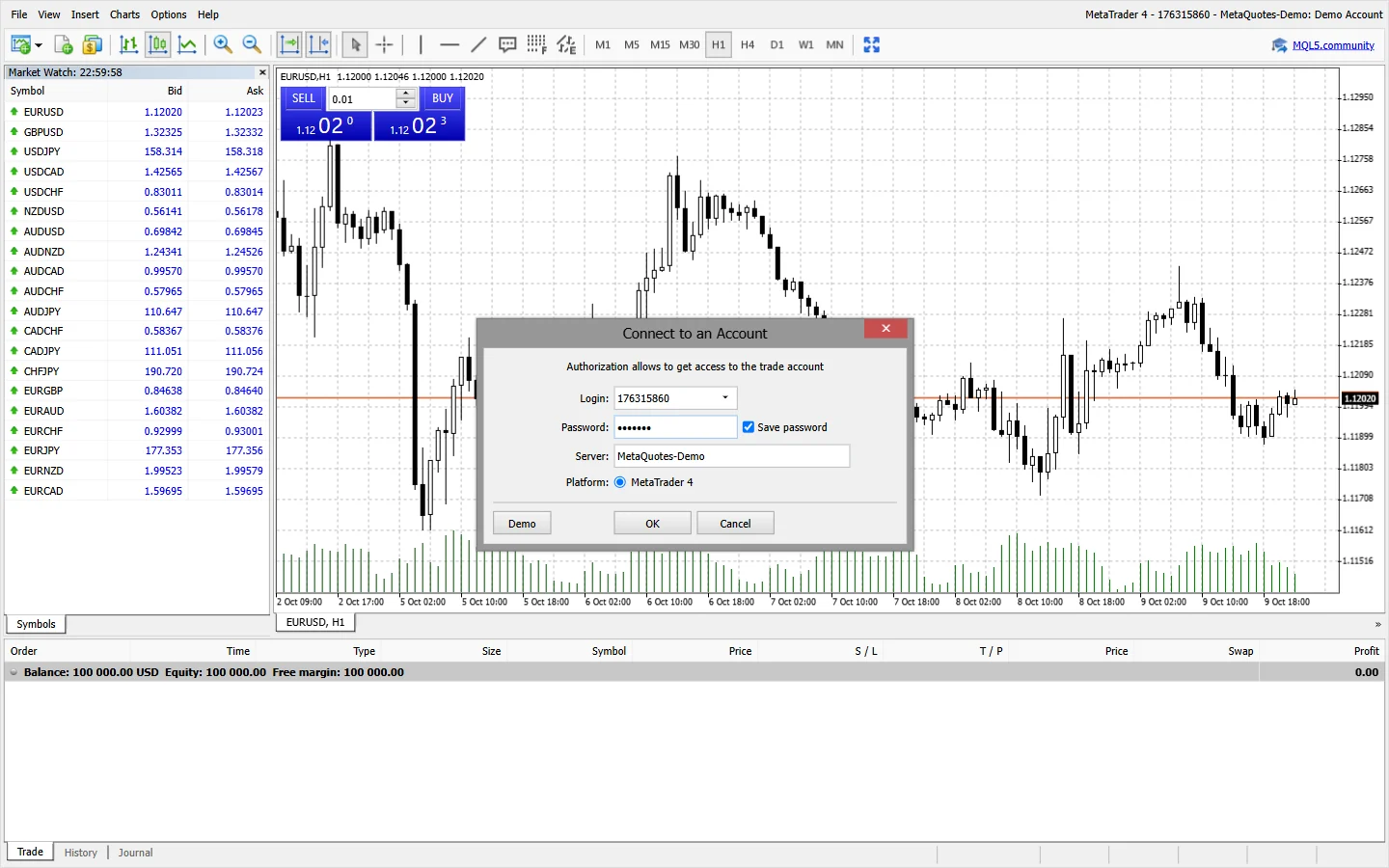 نافذة الاتصال في منصة MetaTrader على الويب